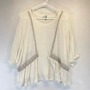 Anthropologie Akemi + Kin Top Women 100% Linen Embroidered Ivory Silver  XL